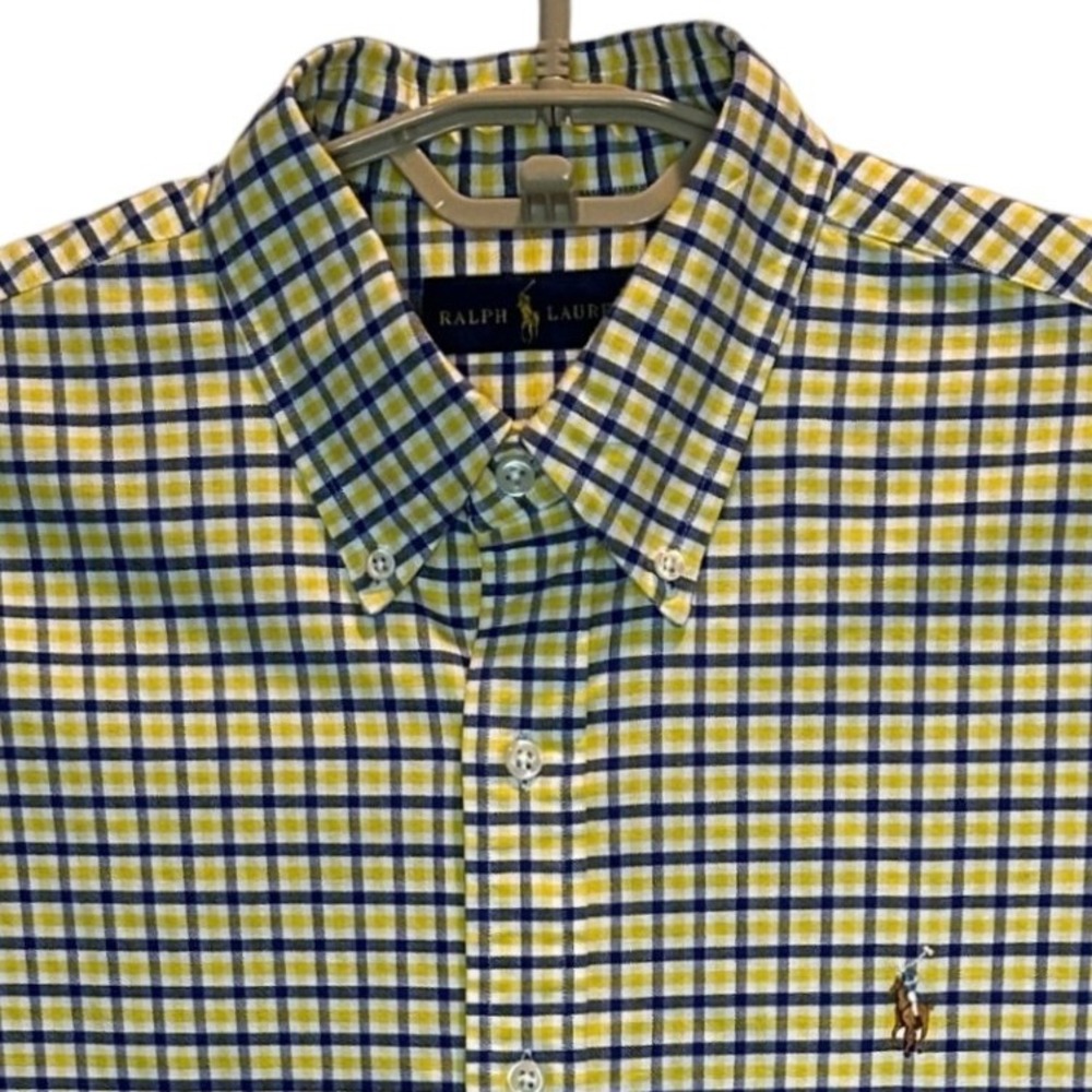 Ralph Lauren Button Down Shirt Large Mens Yellow Navy Blue Gingham Check long